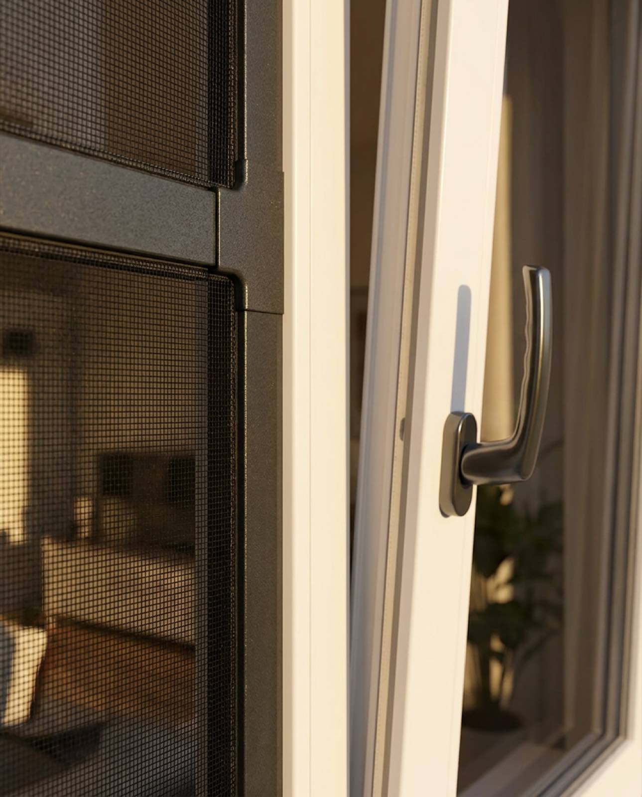 Anthrazit Insektenschutzrahmen neben dem Fenstergriff