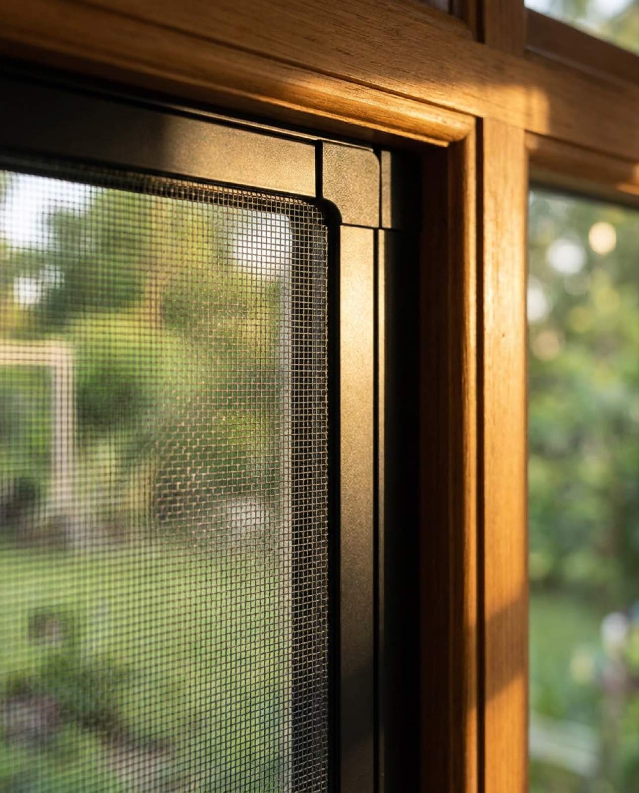 Insektenschutzrahmen am Holzfenster in der Detailansicht
