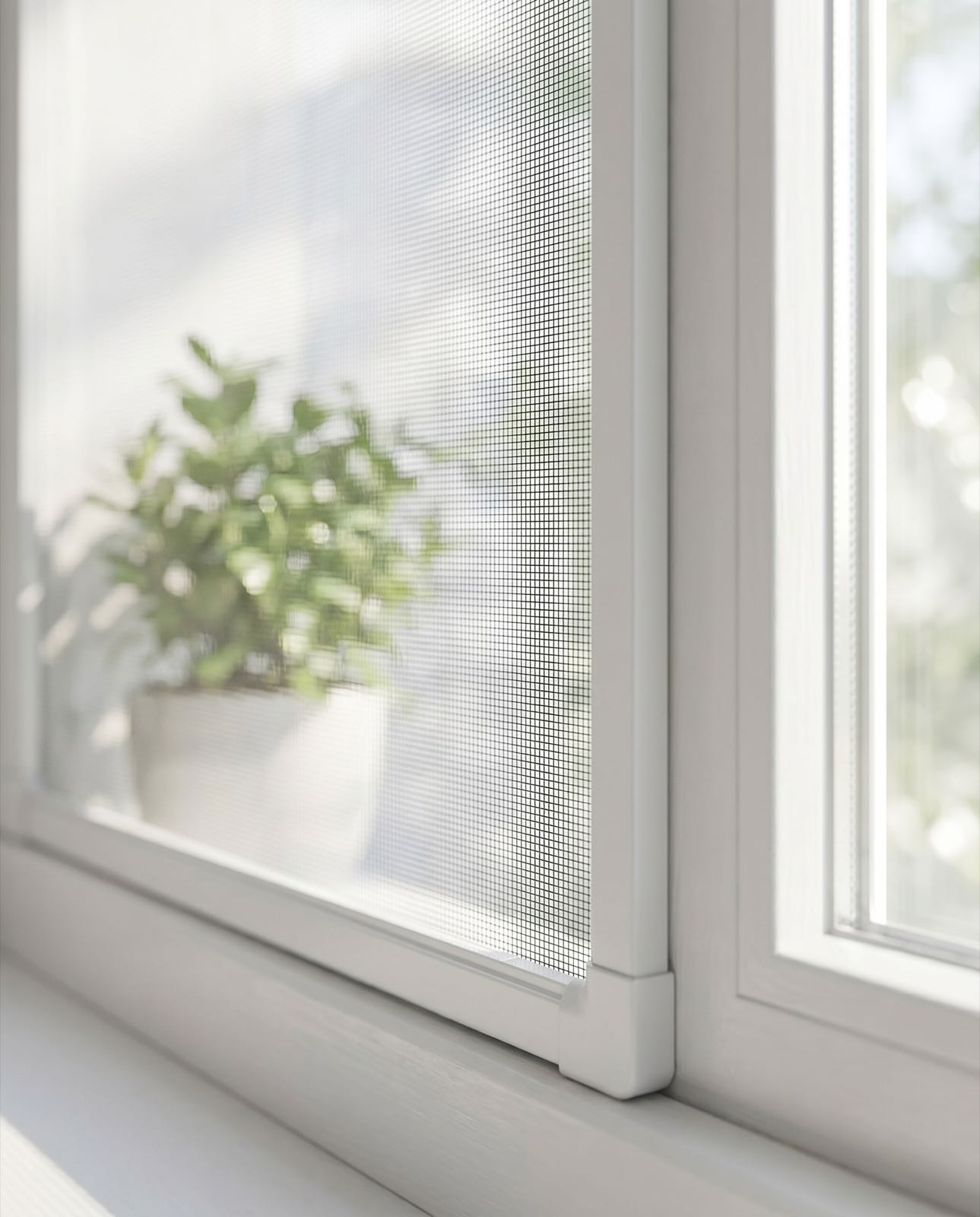 Weißer Insektenschutzrahmen am Fenster im Detail