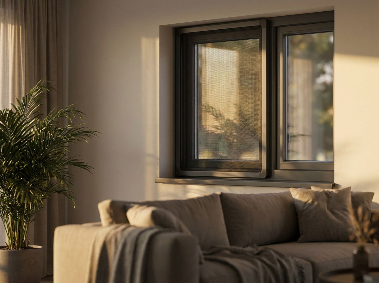 Anthrazit Insektenschutz am Wohnzimmerfenster