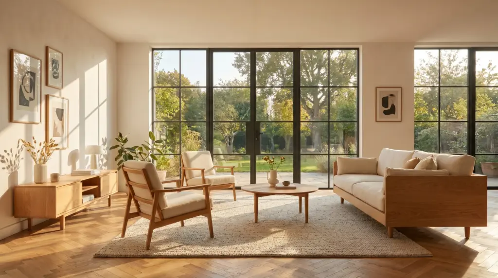 Fenster online kaufen oder Fachhandel - modernes Wohnzimmer mit bodentiefen Fenstern und Blick in den Garten