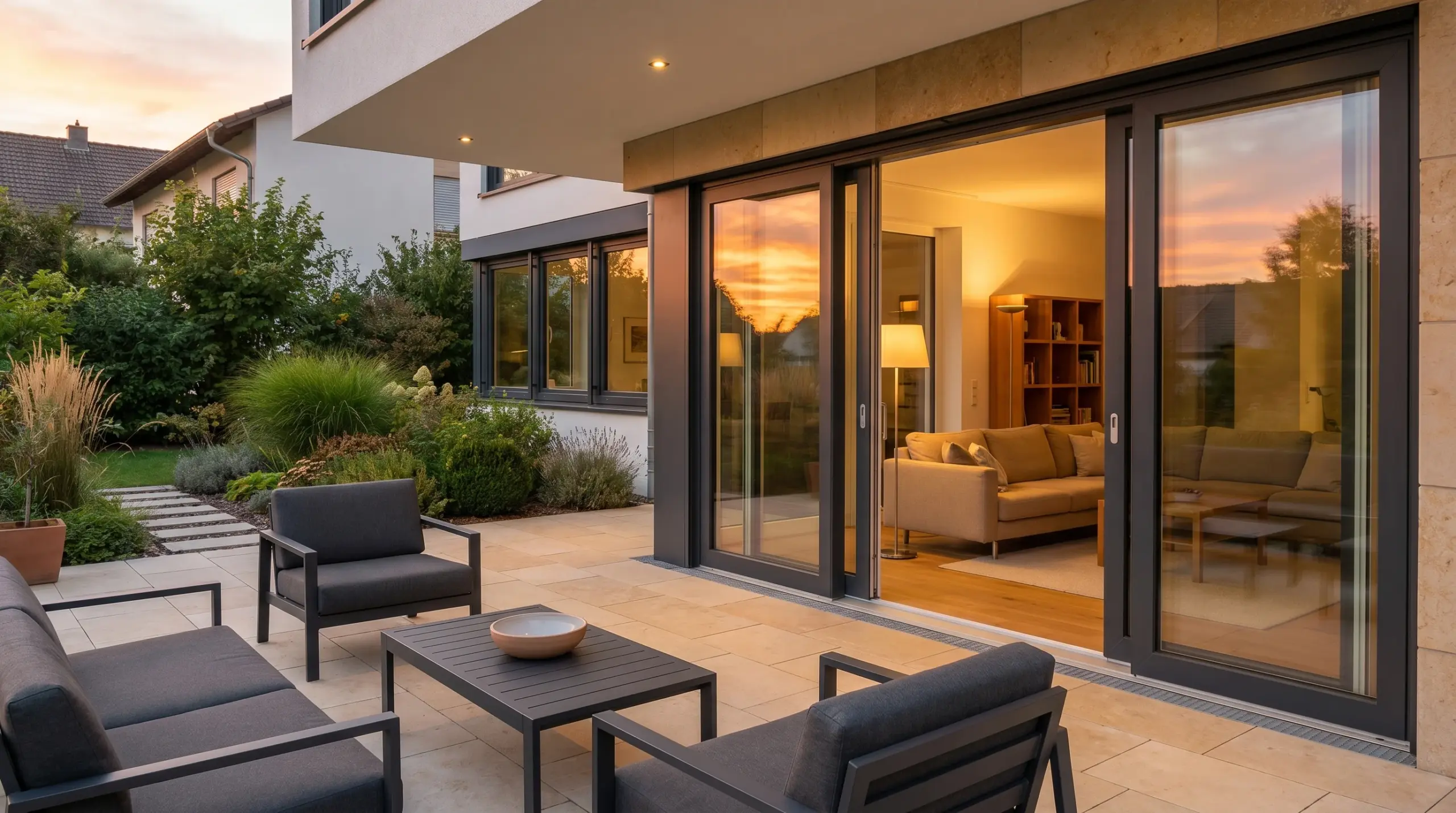 Terrassentür Außenansicht – moderne Terrasse mit anthrazit Hebe-Schiebe-Tür im Abendlicht