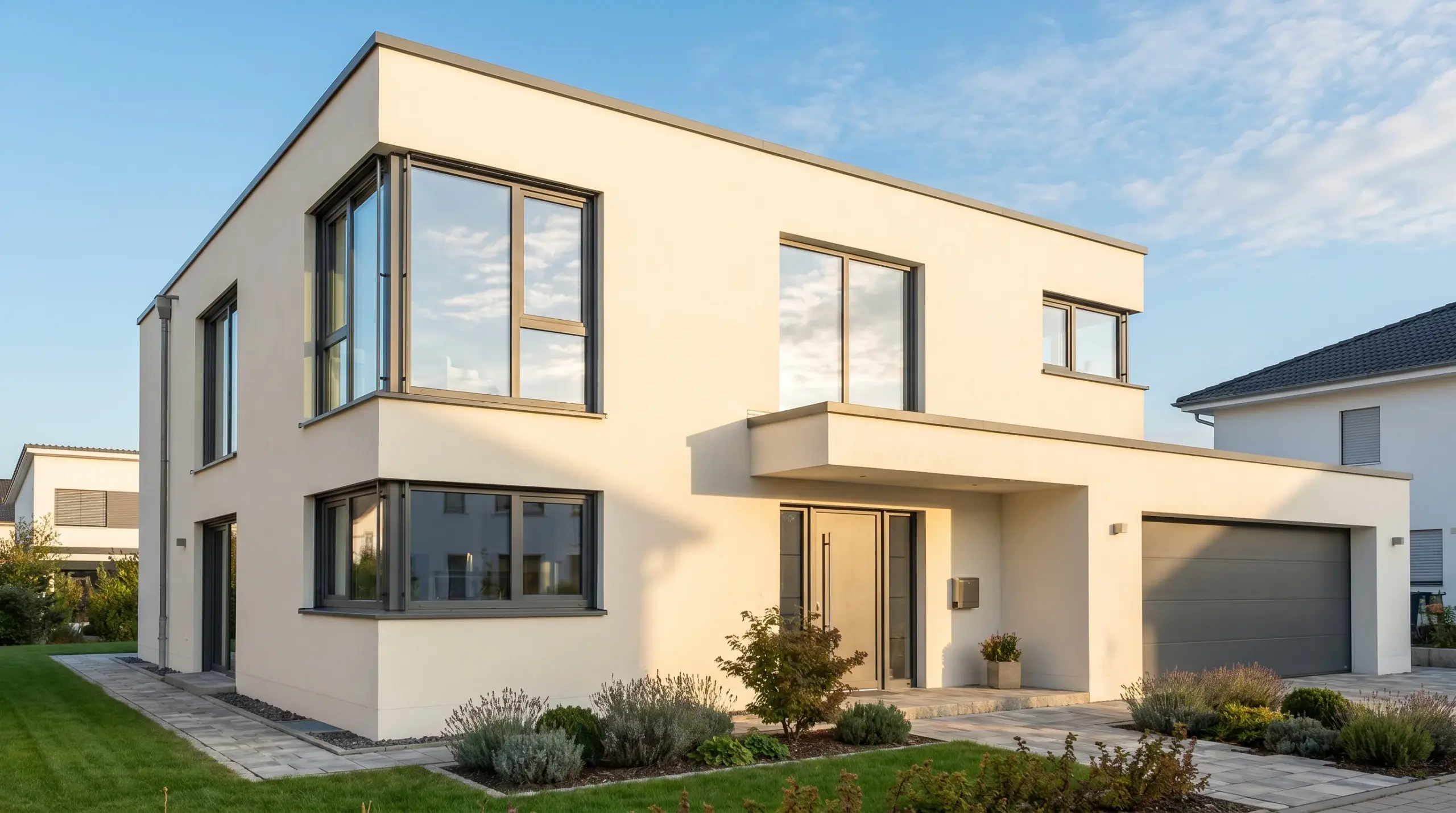 Fenster einbauen – moderne Hausfassade mit anthrazitfarbenen Kunststofffenstern