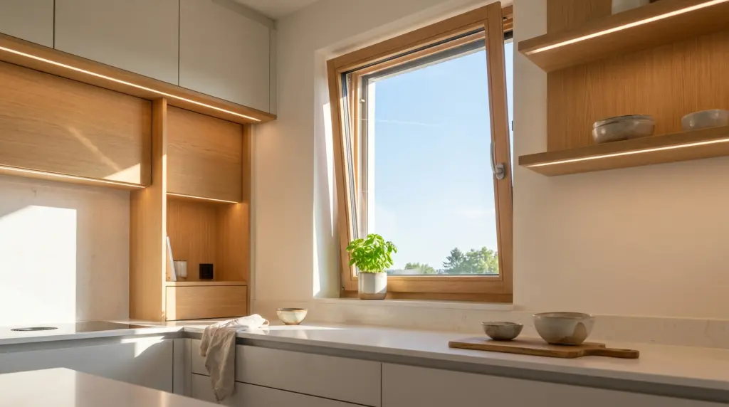 Küchenfenster mit natürlichem Tageslicht über der Arbeitsplatte – moderne weiße Küche