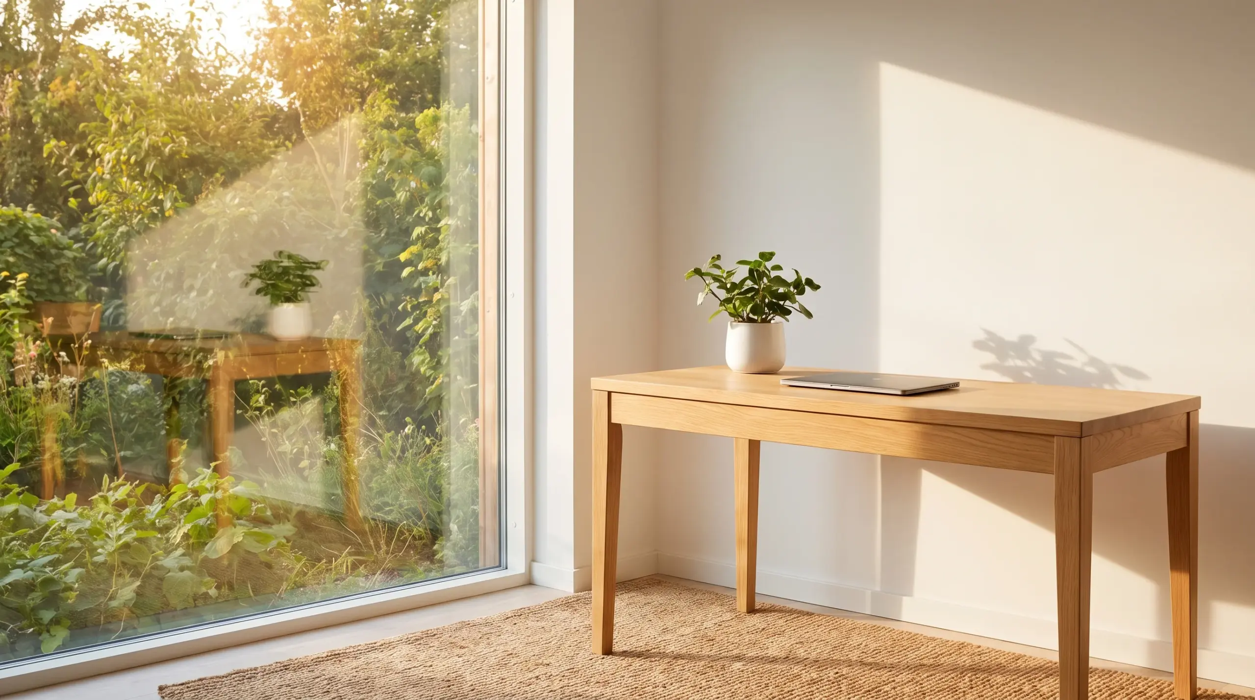 Helles Homeoffice mit makellos sauberen Fenstern und klarem Blick ins Grüne