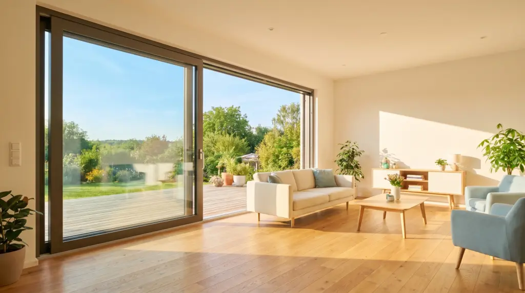 Schiebetür Terrassentür – modernes Wohnzimmer mit geöffneter Hebe-Schiebe-Tür zum Garten