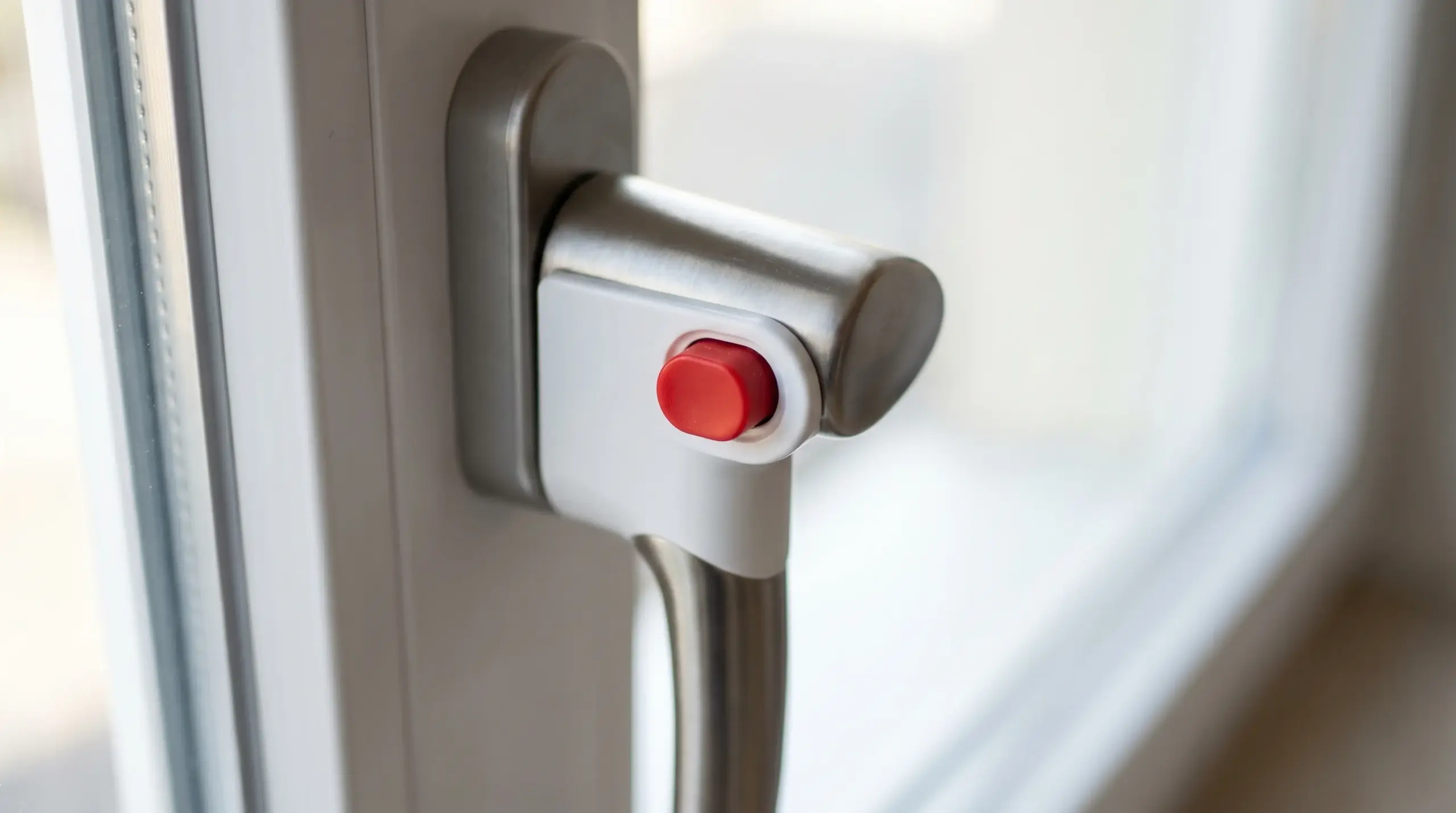 Kindersicherer Fenstergriff (Secustik) mit Druckknopf-Sicherung an weißem Kunststofffenster