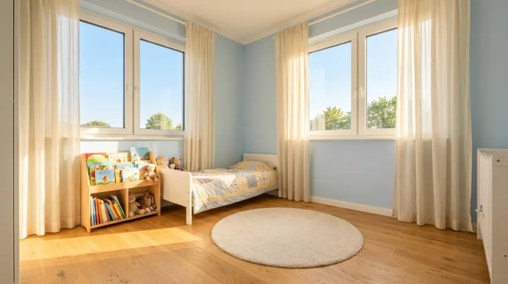 Fenster Kinderzimmer – helles, sicheres Kinderzimmer mit großen Fenstern und warmem Tageslicht