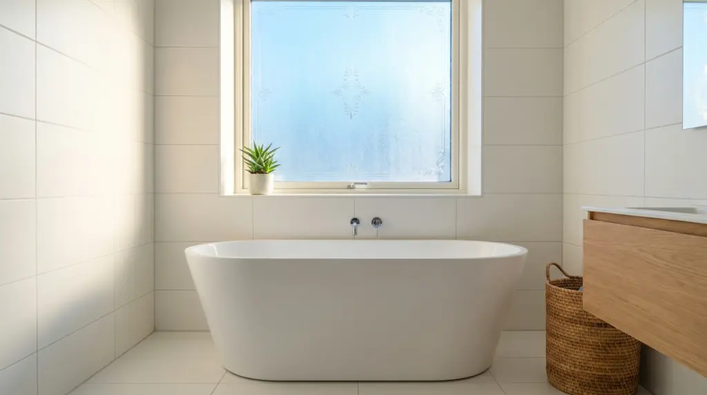 Fenster Bad Sichtschutz – modernes Badezimmer mit Ornamentglas-Fenster