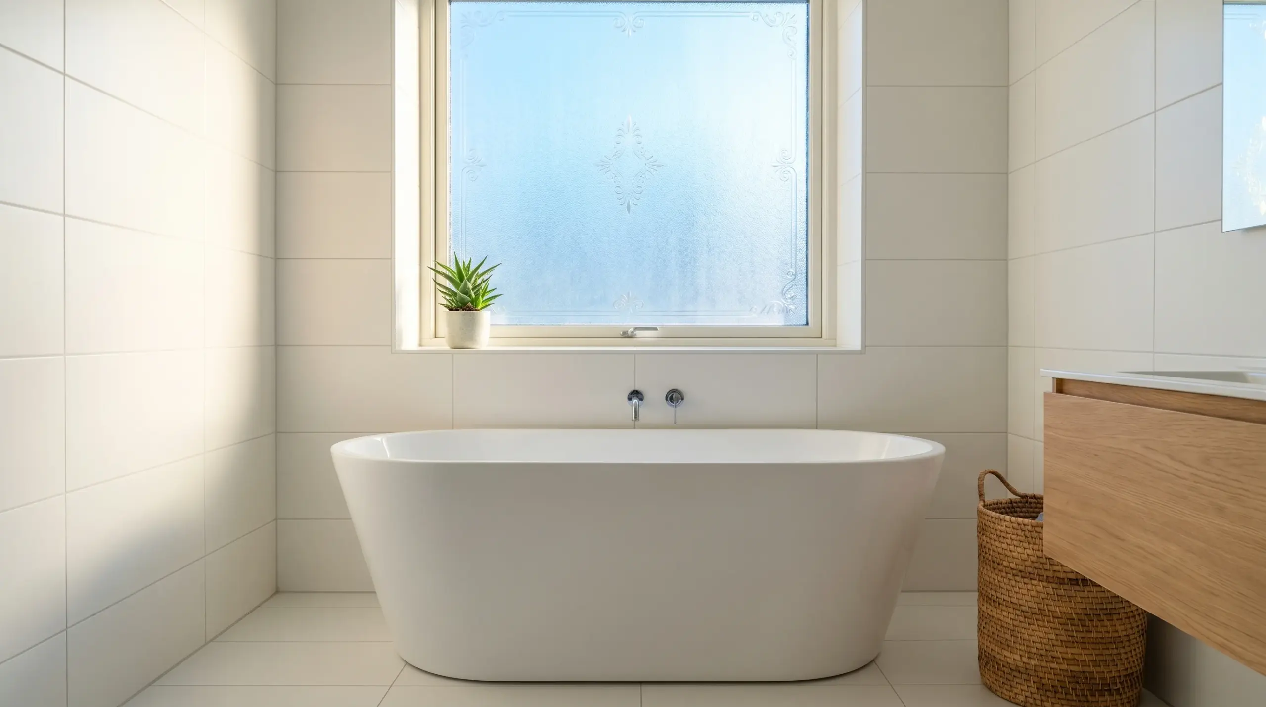 Fenster Bad Sichtschutz – modernes Badezimmer mit Ornamentglas-Fenster