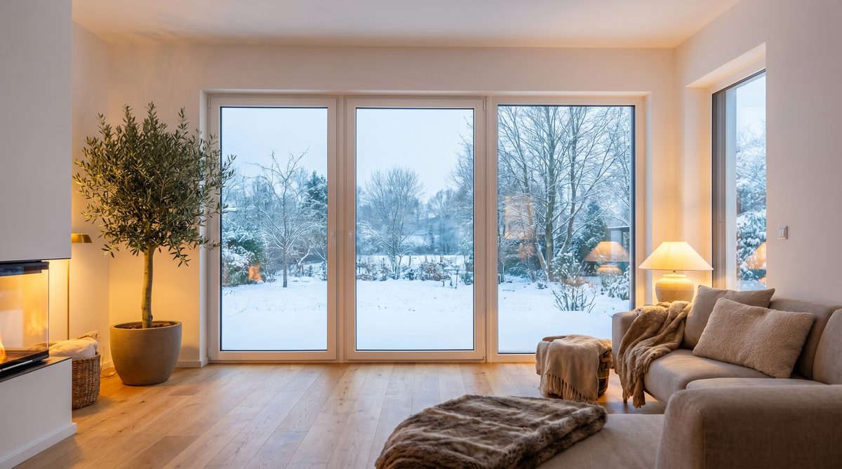 Modernes Wohnzimmer mit Dreifachverglasung im Winter – warm innen, Schnee außen – U-Wert Fenster erklärt