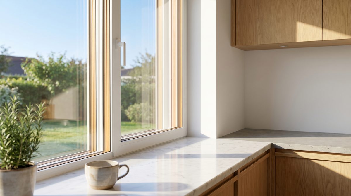 Küchenfenster mit Dreifachverglasung und warmer Kante – Morgenlicht durch energieeffizientes Fenster