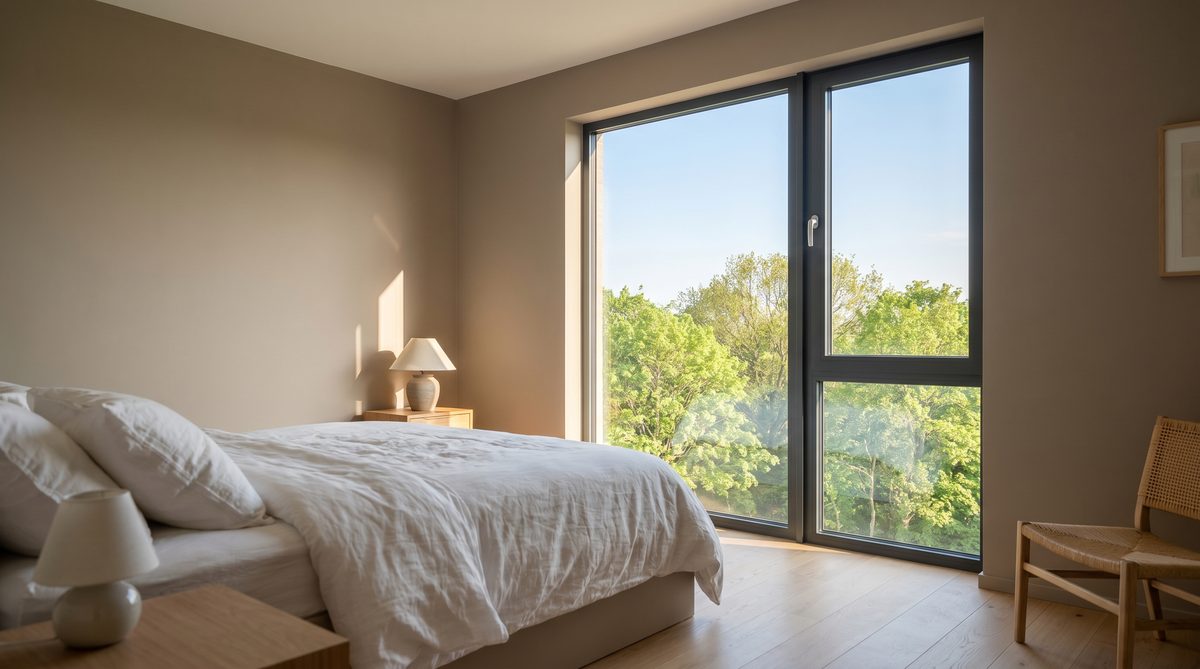 Modernes Schlafzimmer mit energieeffizientem Fenster – guter U-Wert für Wohnkomfort und Heizkosteneinsparung