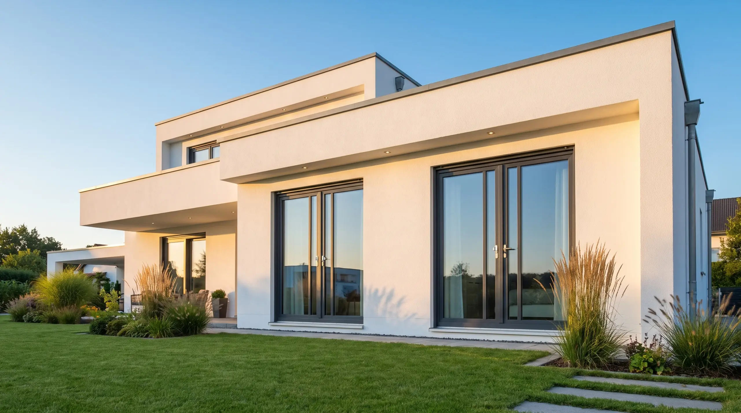 Einbruchschutz Fenster RC2 – moderne Hausfassade mit anthrazitfarbenen Sicherheitsfenstern