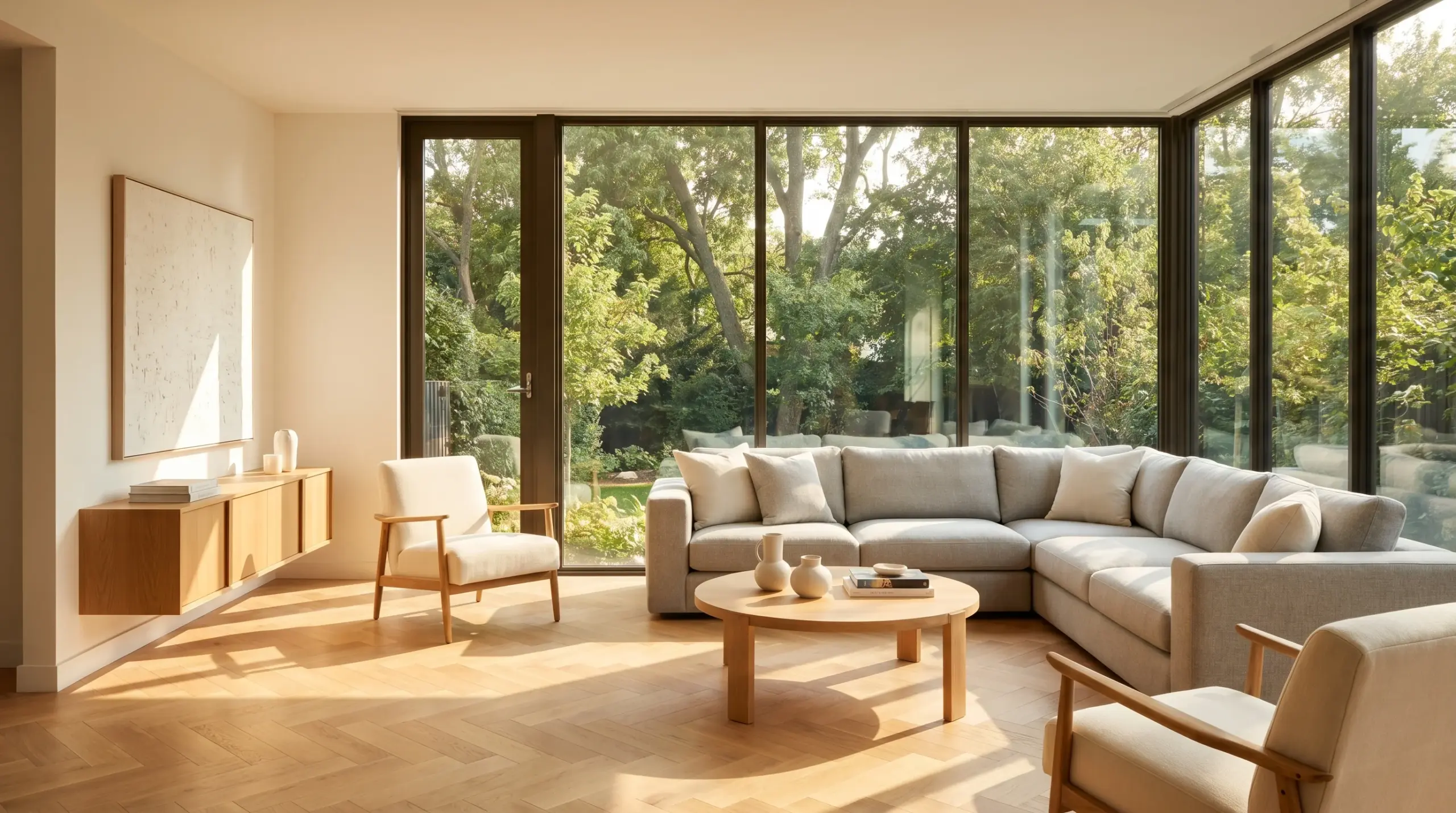 Neue Fenster Kosten 2026 – modernes Wohnzimmer mit bodentiefen Fenstern und natürlichem Tageslicht