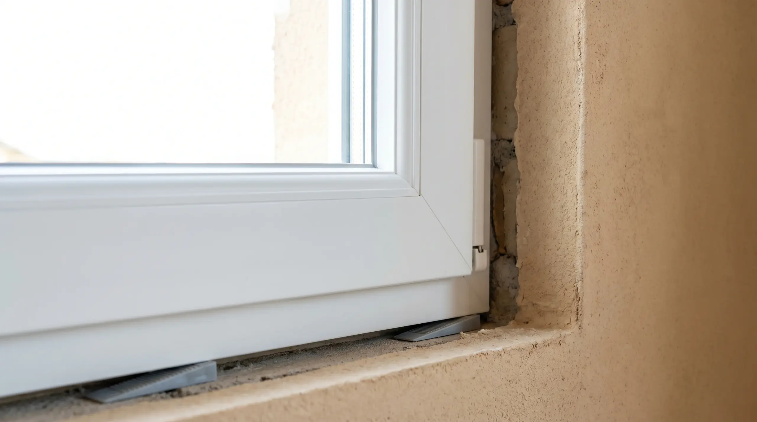 Fenster einbauen Detail – weißer Kunststoffrahmen in Maueröffnung mit Distanzkeilen