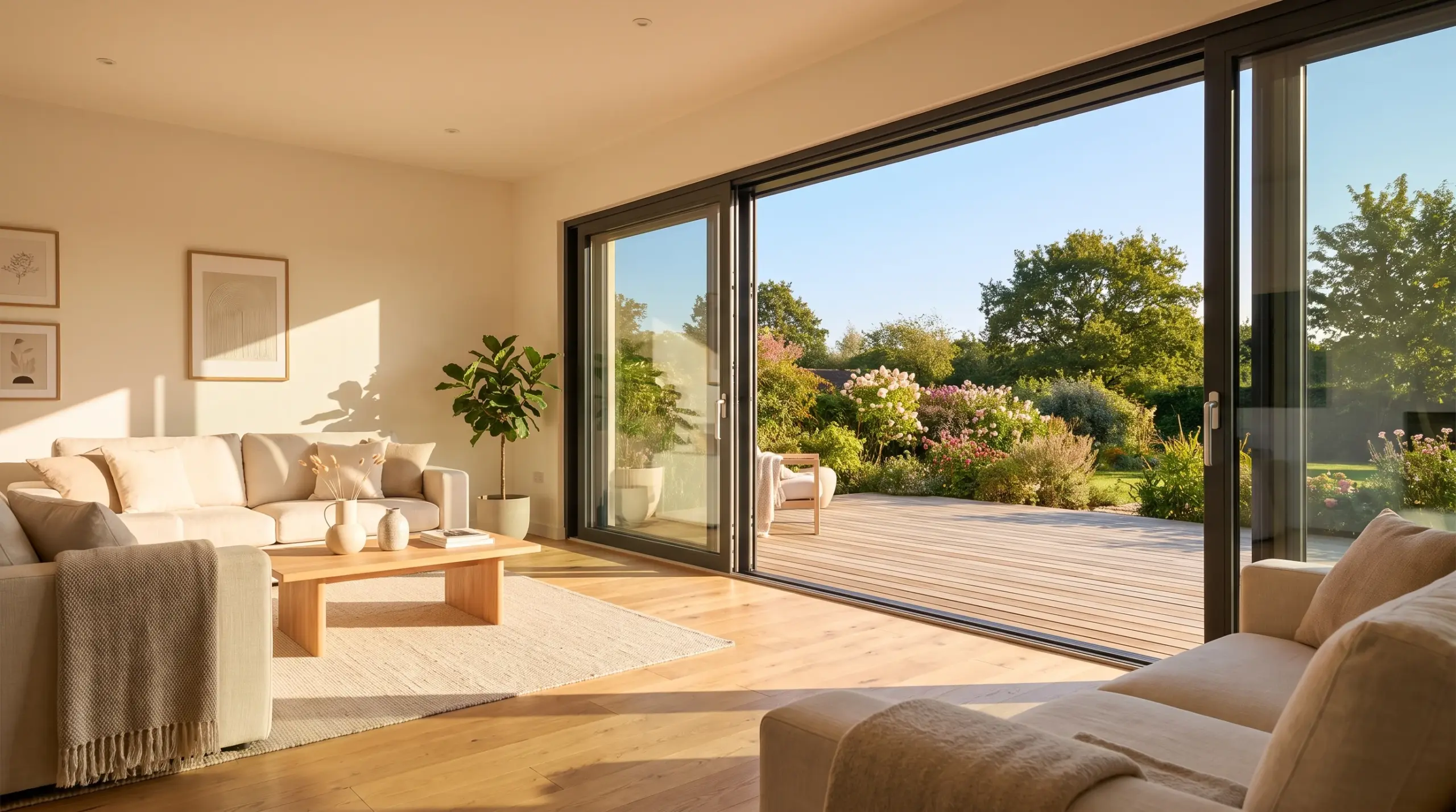 Terrassentür Schiebetür vs Drehtür – modernes Wohnzimmer mit großer Schiebetür zur Terrasse