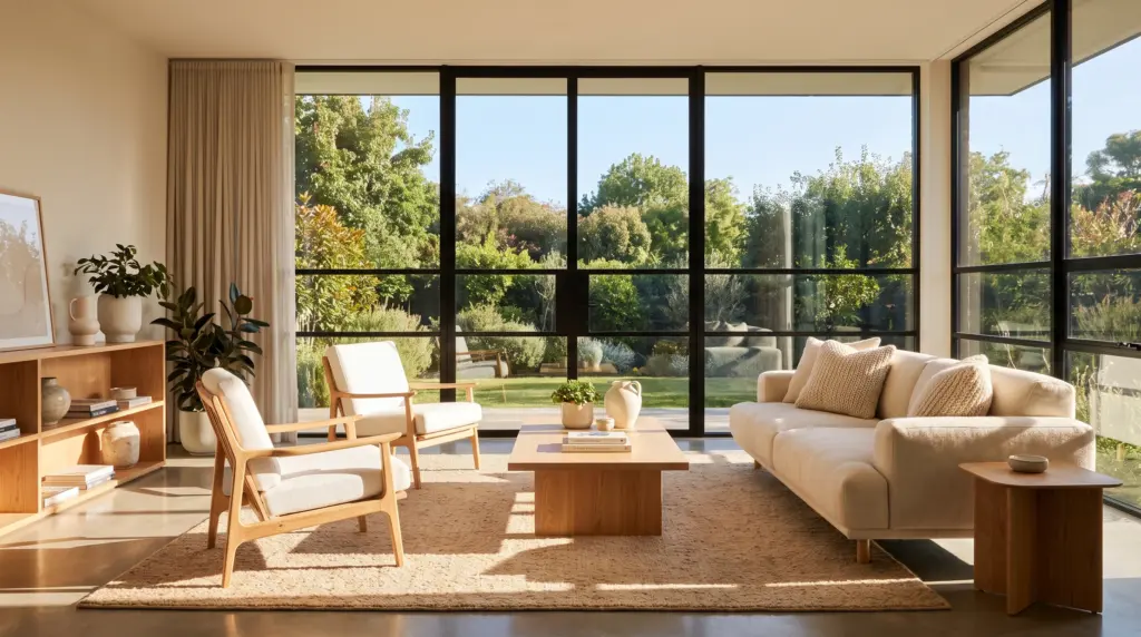 Fenster Konfigurator online nutzen – modernes Wohnzimmer mit bodentiefen Fenstern und Blick in den Garten