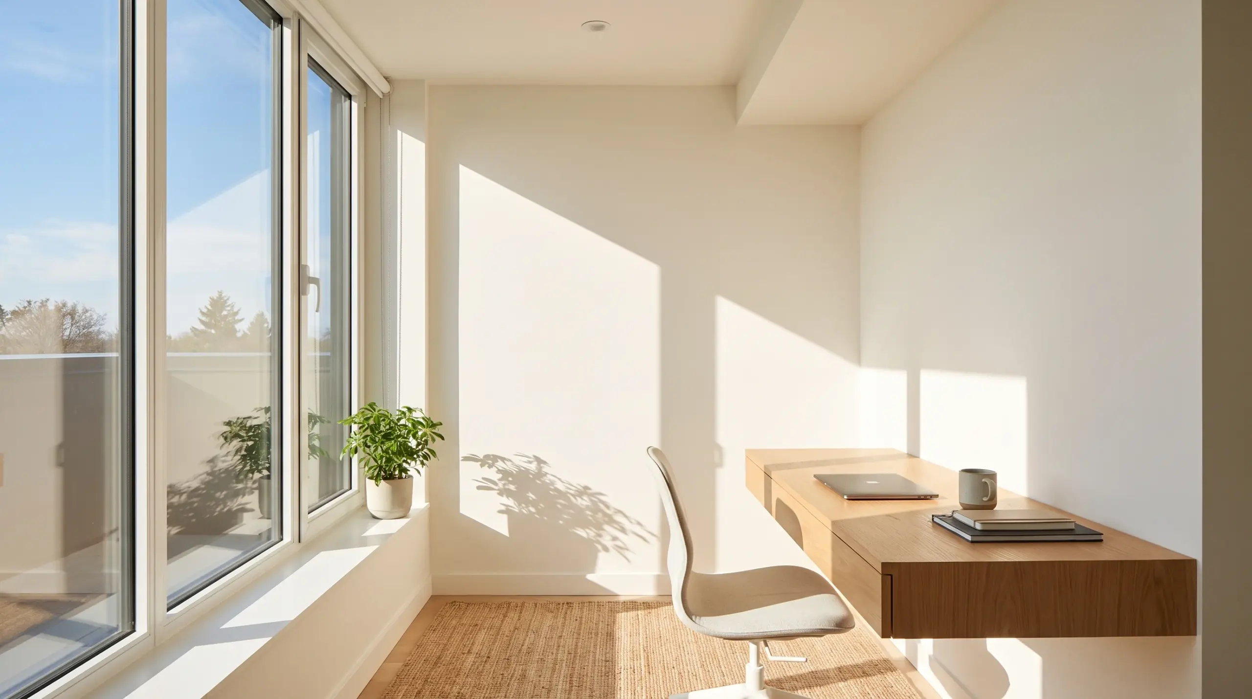 Fenster Wartung – Homeoffice mit großem hellen Fenster neben dem Schreibtisch