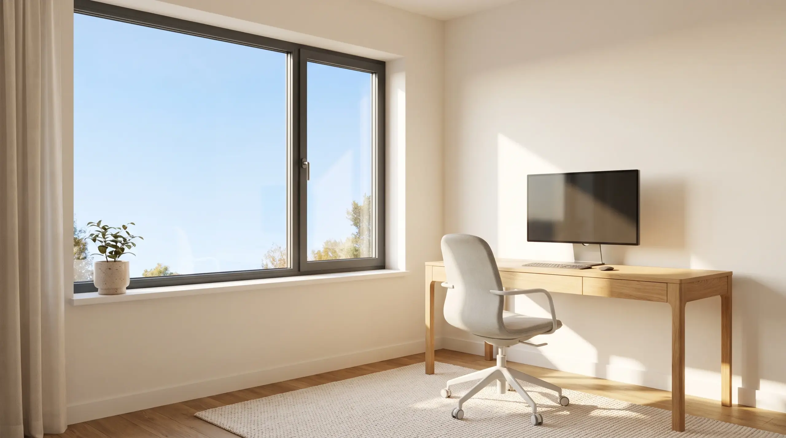 Modernes Homeoffice mit Aluminiumfenster – das richtige Fenstermaterial je nach Raumsituation