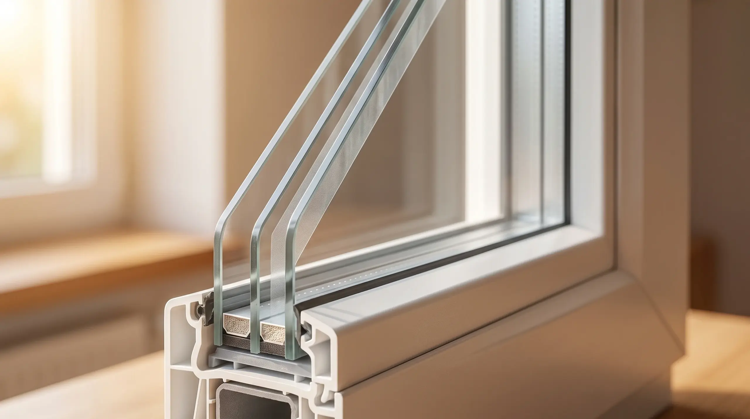Nahaufnahme Sicherheitsglas Querschnitt mit sichtbaren VSG-Verbundfolien-Schichten im Fensterrahmen