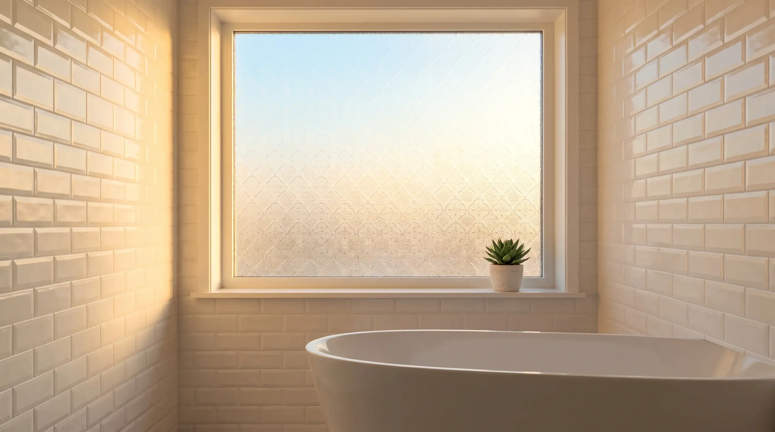 Fenster Bad Sichtschutz – modernes Badezimmer mit Ornamentglas-Fenster und weichen Fliesen