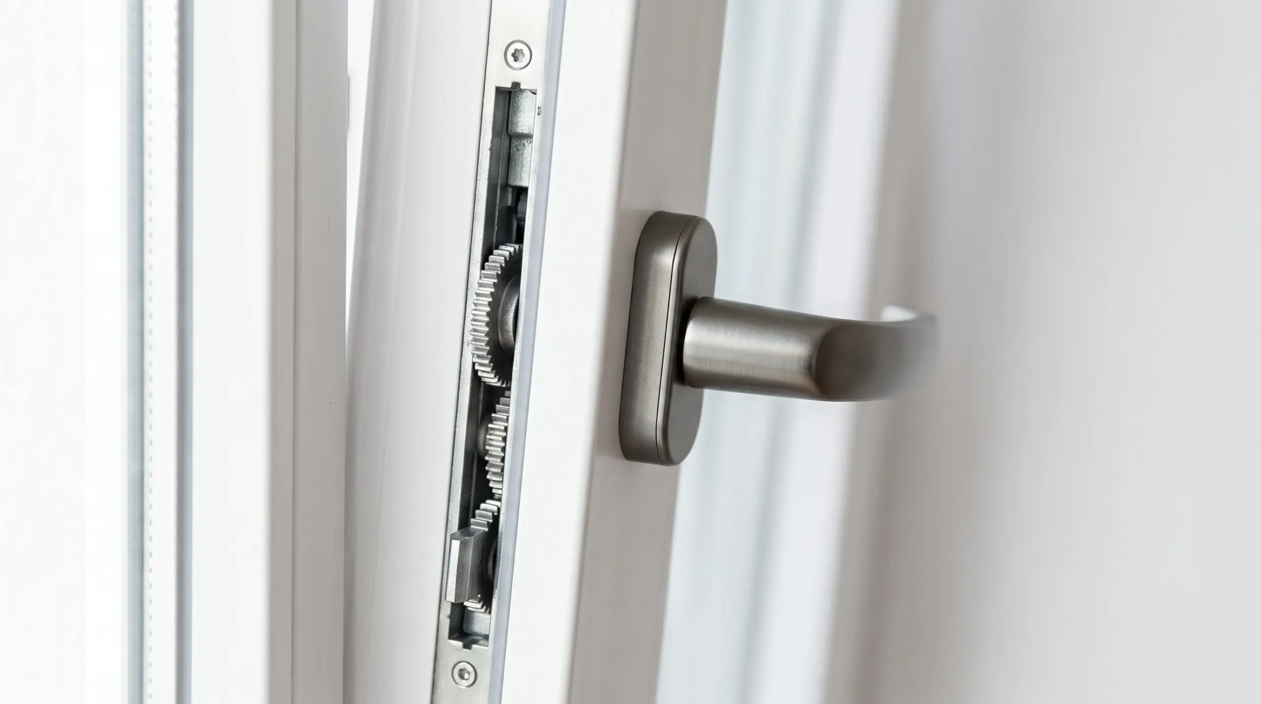Fenster Trends 2026: Nahaufnahme moderner Dreh-Kipp-Fenstergriff in Anthrazit mit präzisen Beschlägen