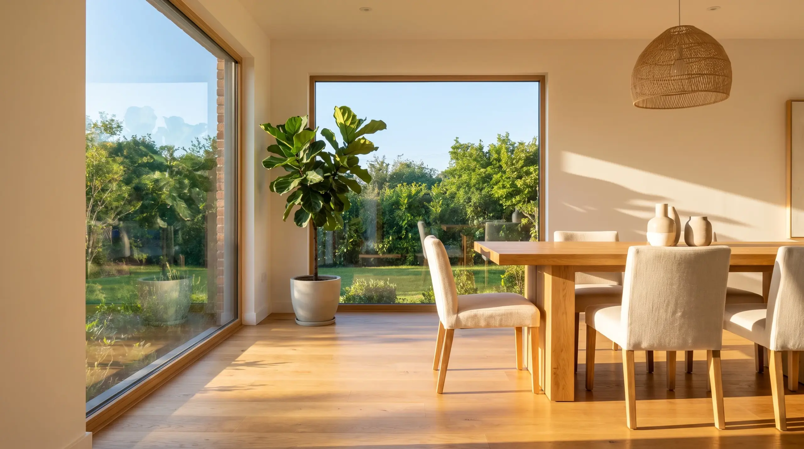 Tageslicht Fenster Gesundheit – helles Esszimmer mit großen Panoramafenstern und natürlichem Licht
