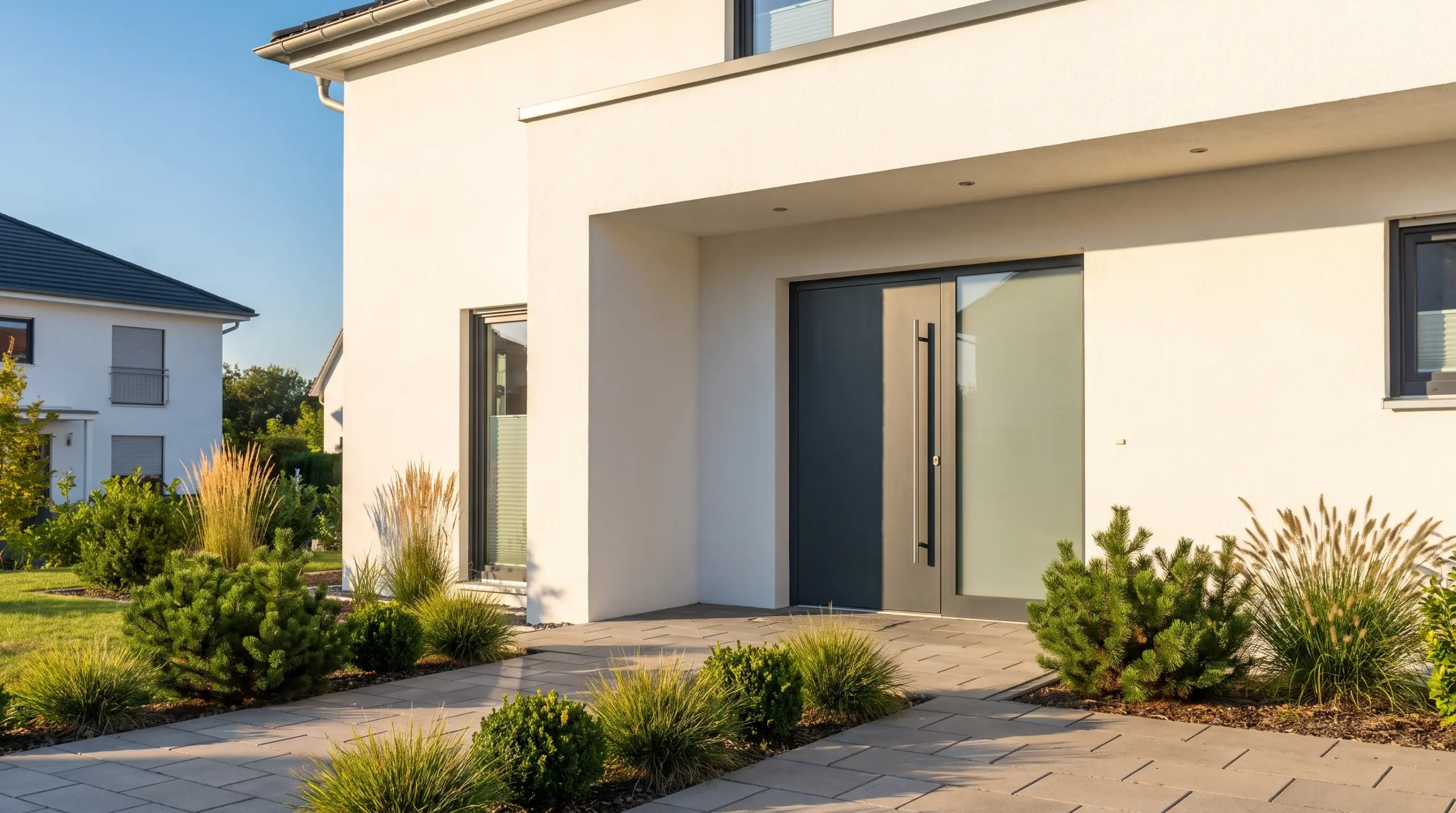 Moderne Haustür mit Seitenteil anthrazit an weißer Putzfassade – Einfamilienhaus