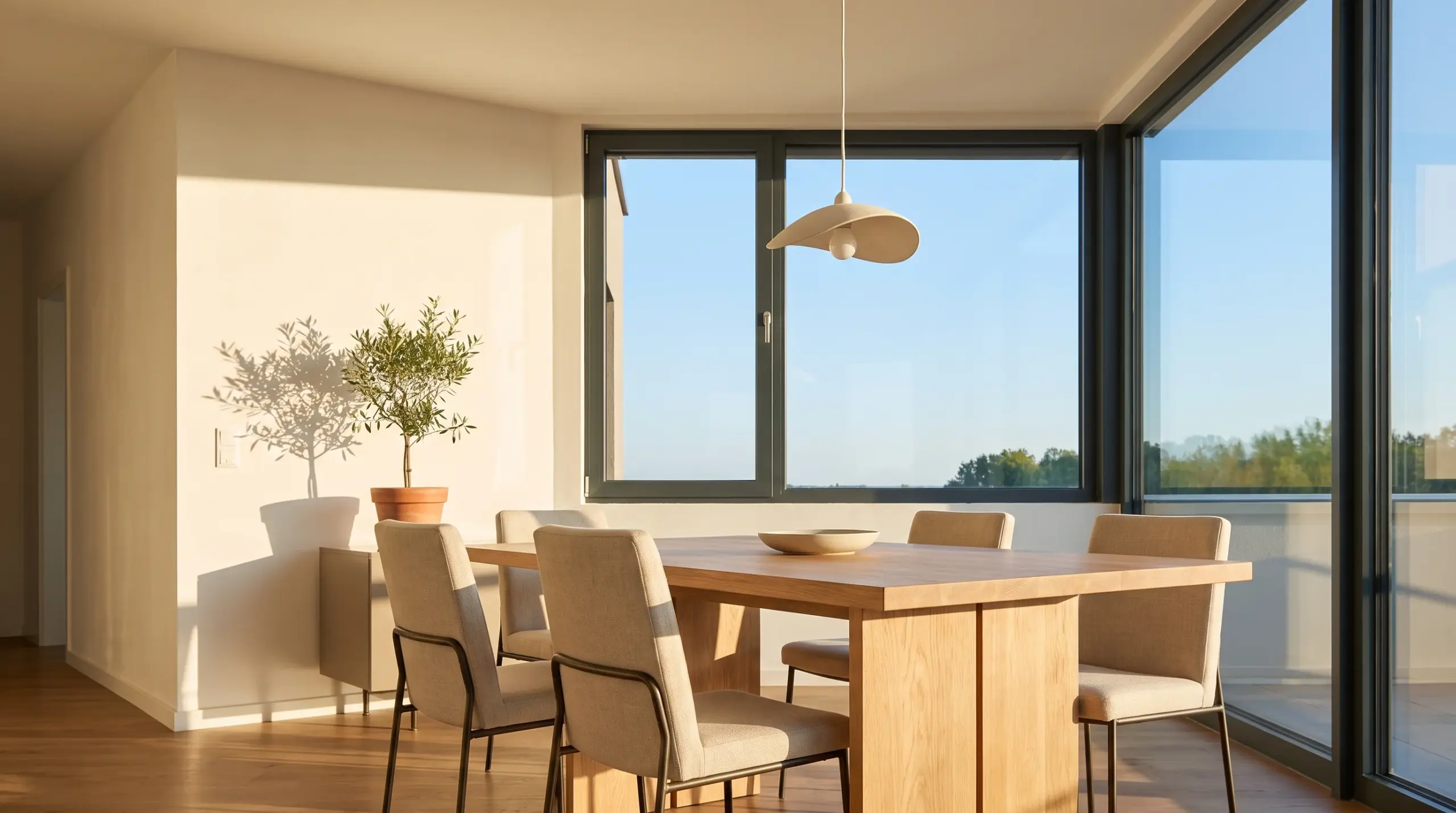 Fenster Trends 2026: modernes Esszimmer mit großem Panoramafenster und anthrazitfarbenen Profilen