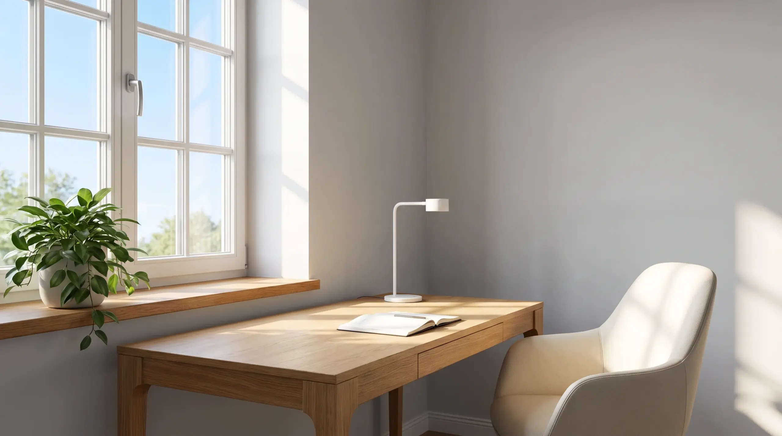 Fenster Konfigurator online nutzen – helles Homeoffice mit großem Fenster neben dem Schreibtisch