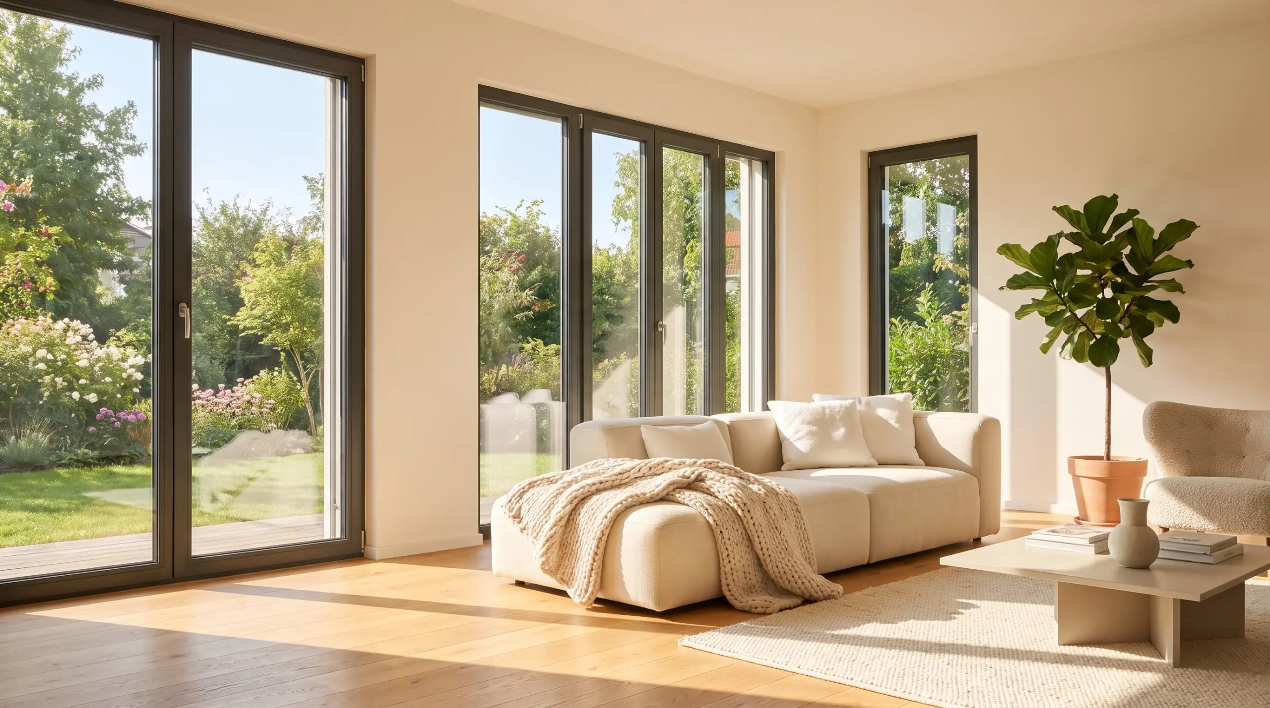 BAFA Förderung Fenster 2026 – modernes Wohnzimmer mit energieeffizienten Dreifachverglasung-Fenstern