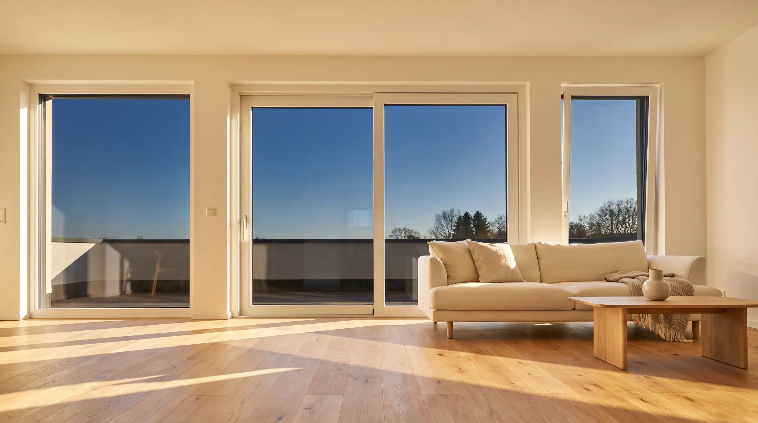 Kunststofffenster vs Holzfenster vs Alufenster Vergleich – helles Wohnzimmer mit bodentiefen Fenstern