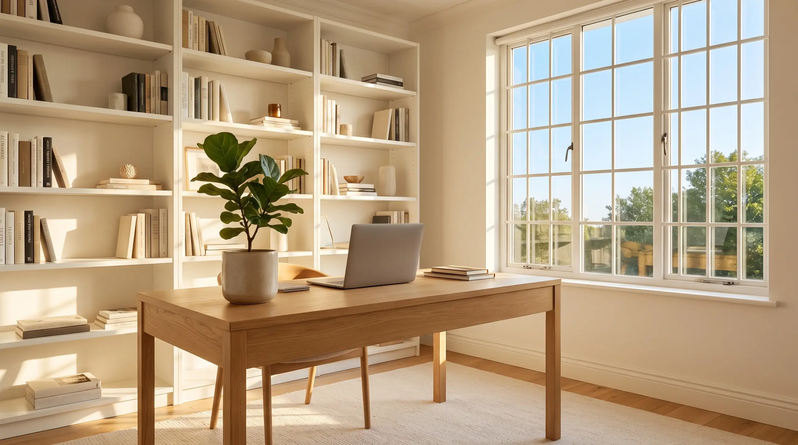 Helles Homeoffice mit großem Sicherheitsglas-Fenster und natürlichem Tageslicht am Schreibtisch