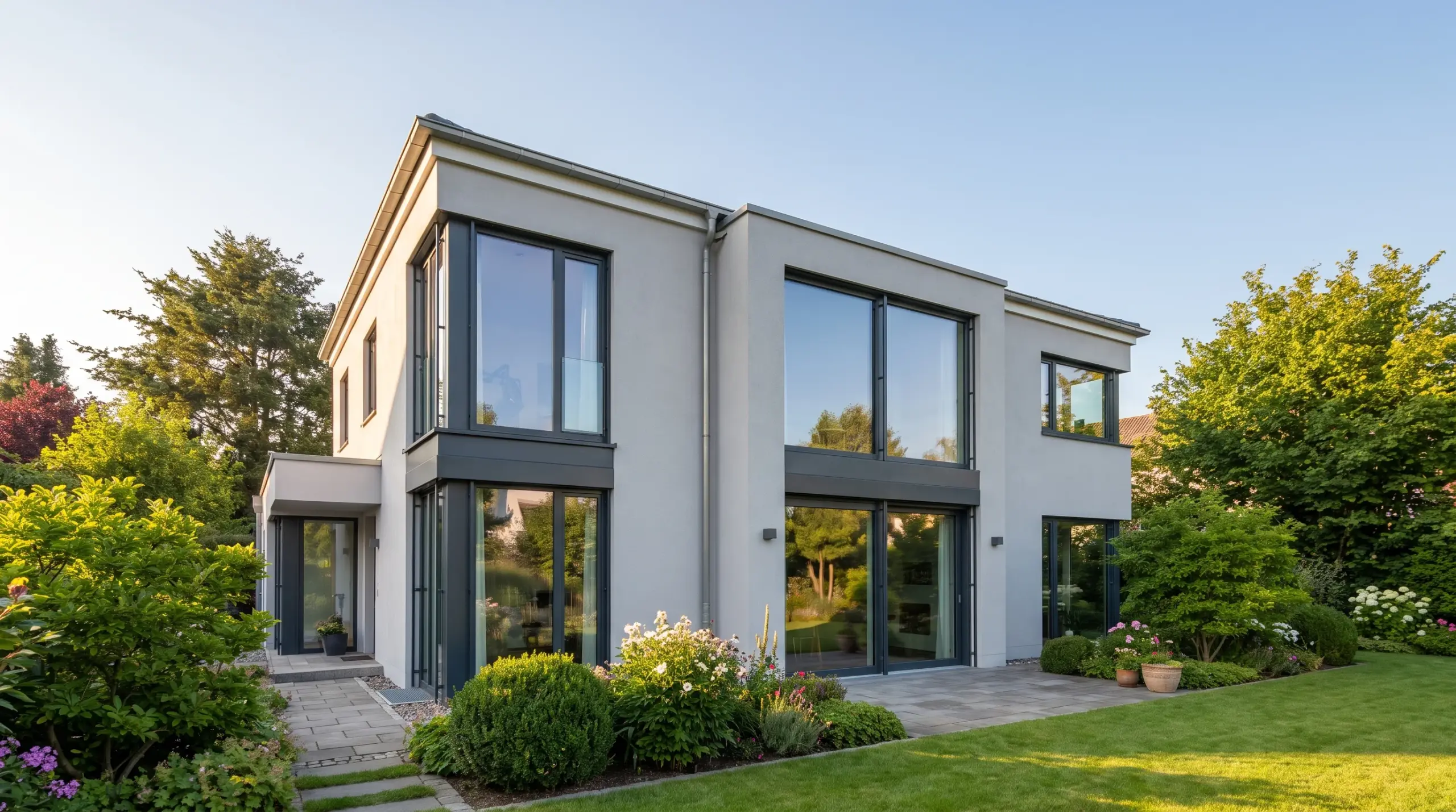 RAL Montage Fenster – modernes Einfamilienhaus mit anthrazitfarbenen Qualitätsfenstern
