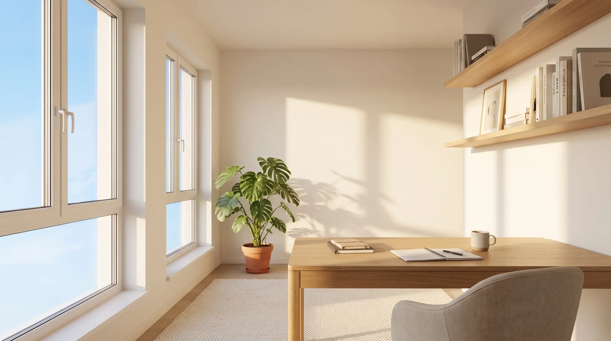Fenster Trends 2026: helles Homeoffice mit großem Fenster und natürlichem Tageslicht