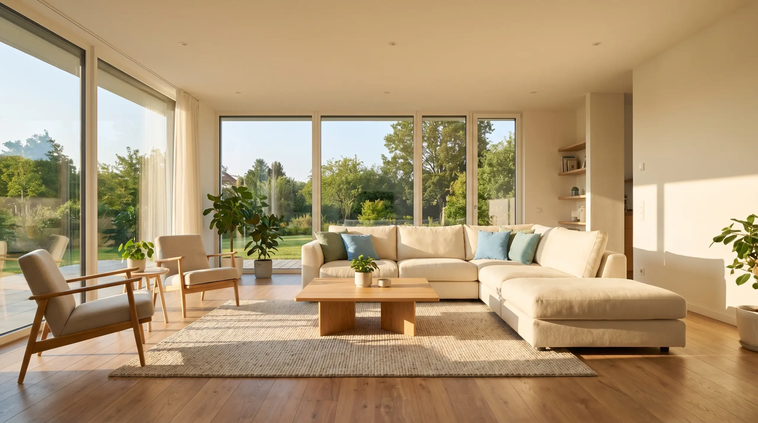Fenster Wartung – helles Wohnzimmer mit bodentiefen Fenstern und Blick in den Garten