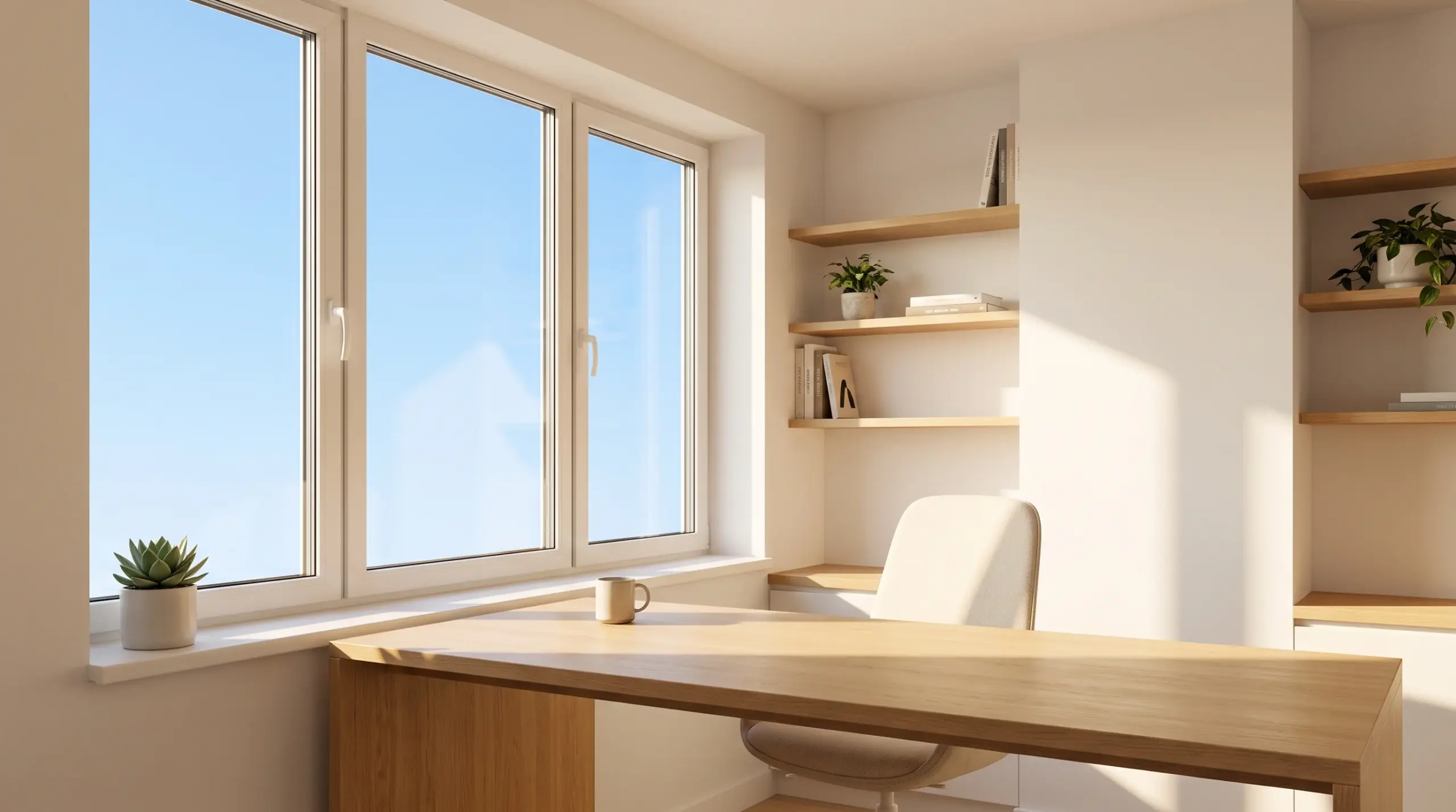 BAFA Förderung Fenster 2026 – helles Homeoffice mit großem energieeffizientem Fenster