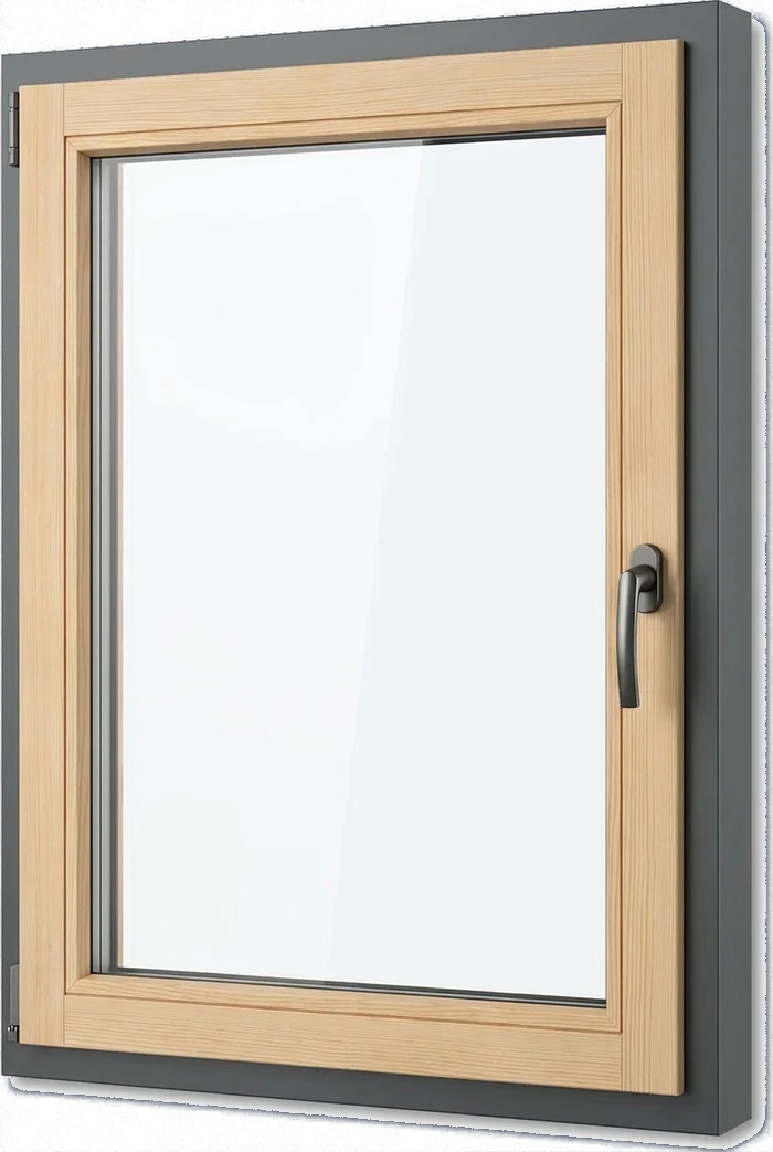Holz-Alu Fenster mit hellem Holzrahmen innen und anthrazitgrauer Aluminiumschale außen