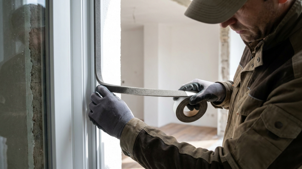 Handwerker dichtet ein neues Fenster beim Einbau mit Kompriband ab