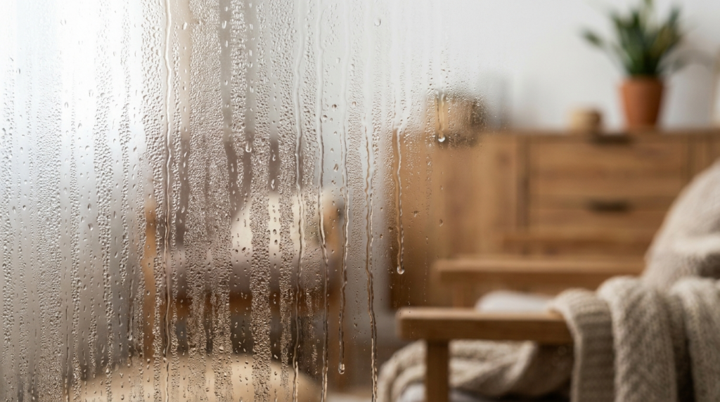 Kondenswasser und Feuchtigkeitstropfen an der Innenseite einer Fensterscheibe
