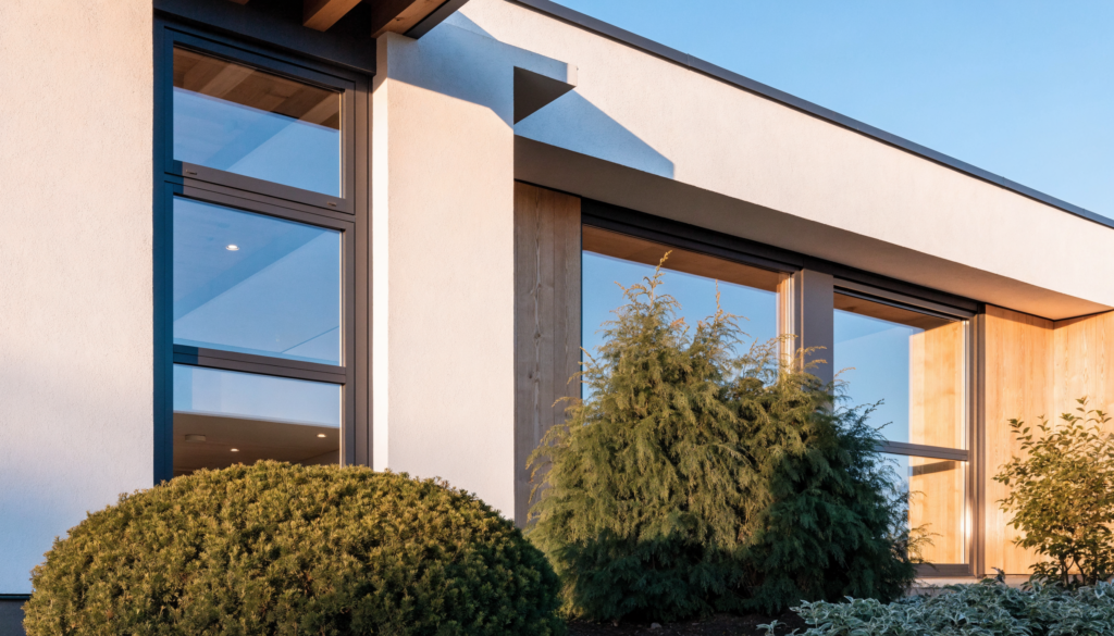 Fenster online kaufen – moderne Hausfassade mit anthrazitfarbenen Fenstern