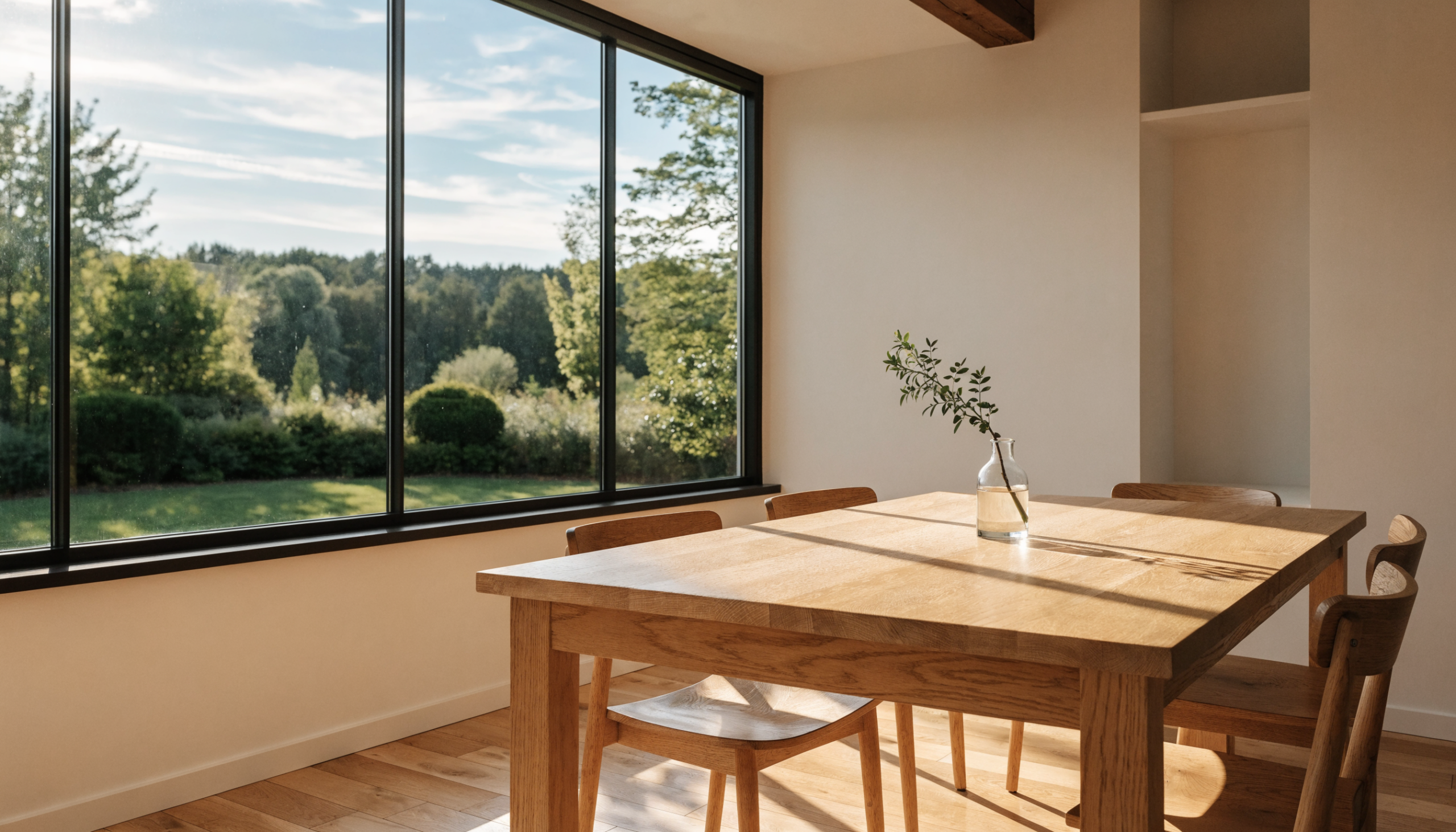 Modernes Esszimmer mit großem Fenster und Blick ins Grüne