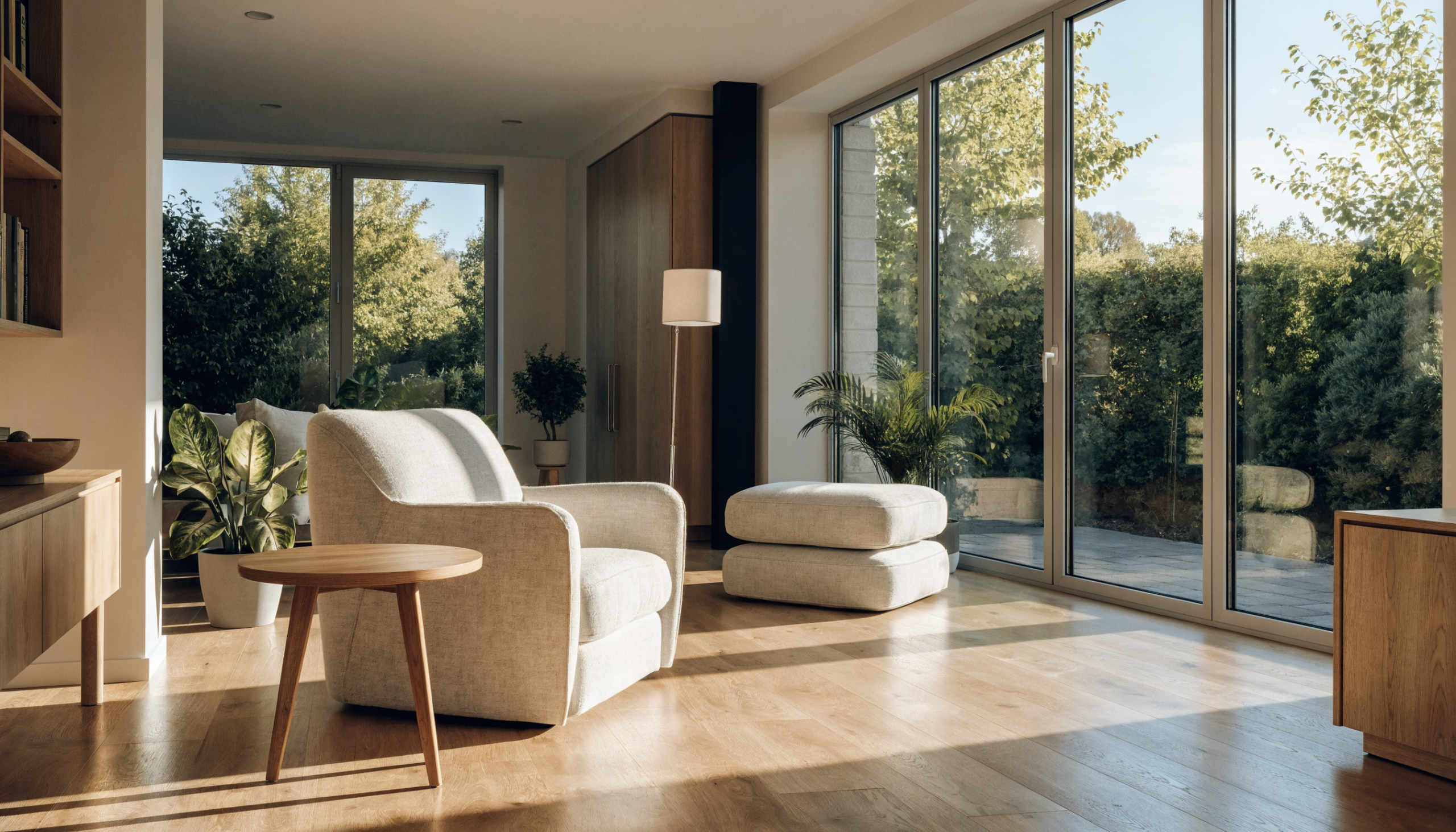 Kunststofffenster vs Holzfenster vs Alufenster – Modernes Wohnzimmer mit bodentiefen Alufenstern in Anthrazit