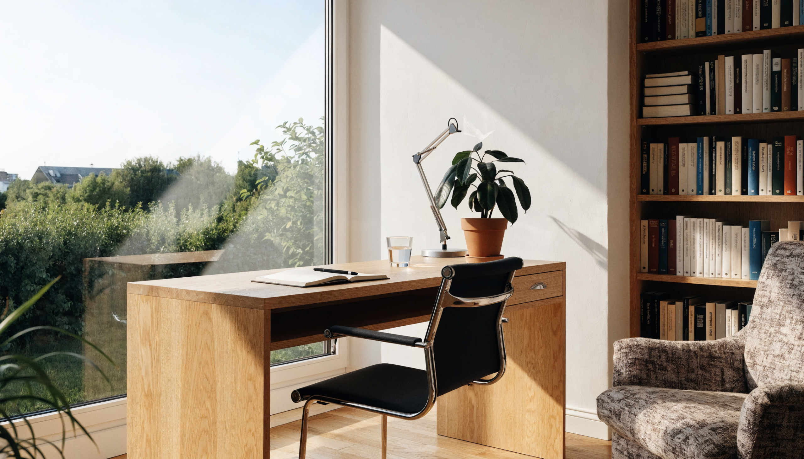 Helles Homeoffice mit großem Holzfenster – Tageslicht und natürliche Materialien