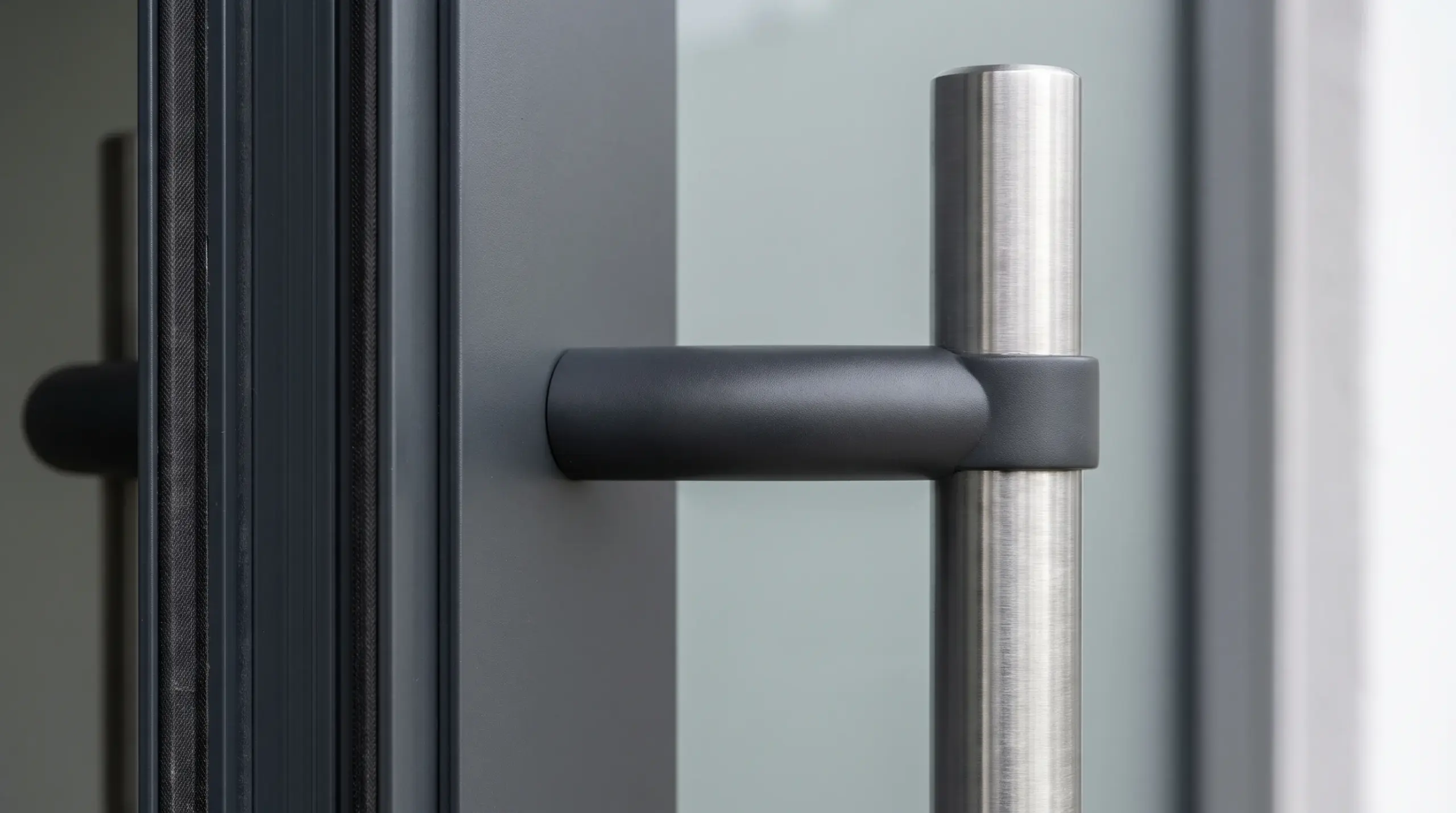 Detailaufnahme Türgriff anthrazit Aluminium Haustür mit Seitenteil