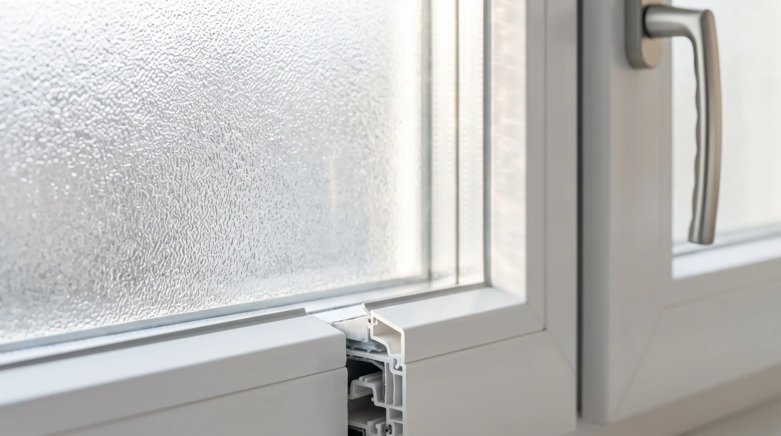 Detail Ornamentglas Fenster Bad – Nahaufnahme Chinchilla-Glas mit weißem Kunststoffrahmen