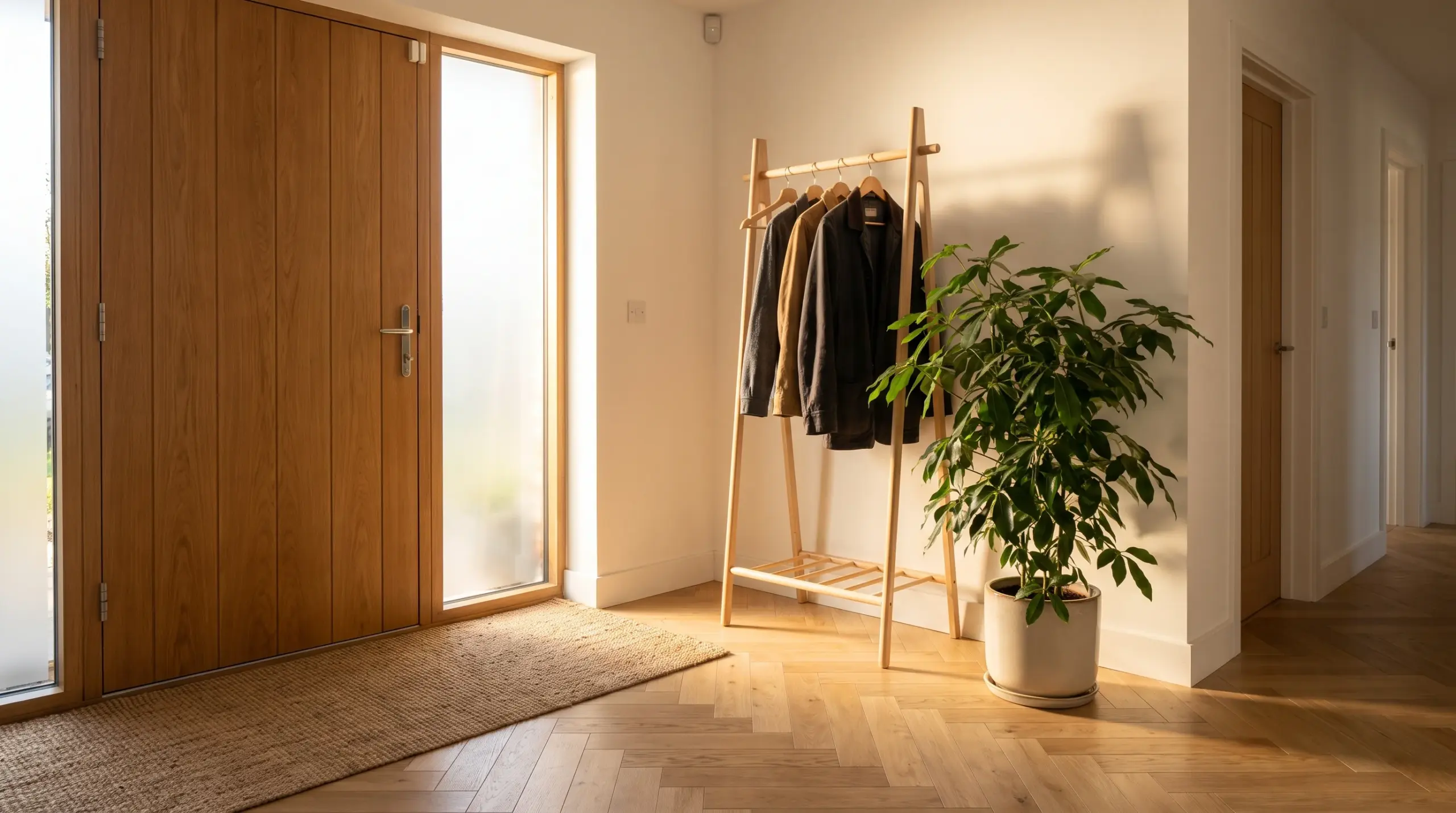 Helles Eingangsflur mit Tageslicht durch Seitenteil Haustür – modernes Interieur