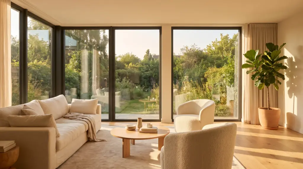 U-Wert Fenster – modernes Wohnzimmer mit bodentiefer Verglasung und natürlichem Tageslicht