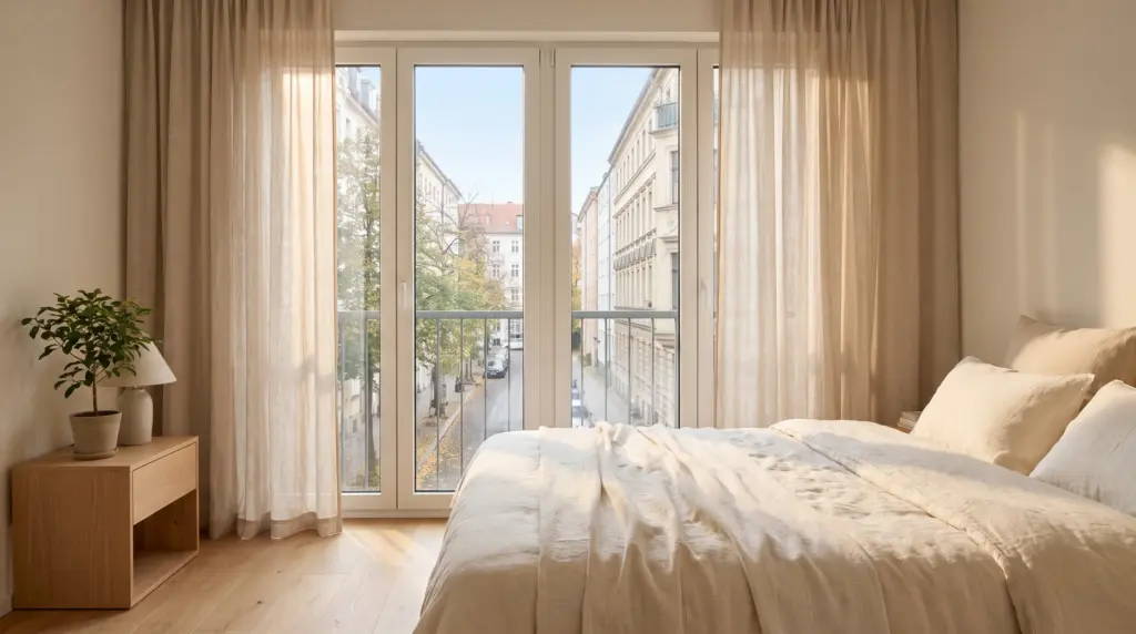 Schallschutzfenster im modernen Schlafzimmer – ruhige Atmosphäre trotz Stadtlage
